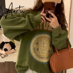American Vintage Pullover Women Autumn Winter New Korean Plus Velvet Thick Print Long-sleeved T Shirt Crewneck Sweatshirt Aiertu