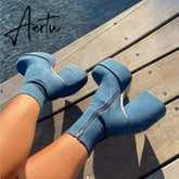 Ankle Boots Women Fashion High Platform Shaped High Heel Boots Chunky Heels Zipper Designer Shoes 45 Platform Shoes Women Shoes Aiertu