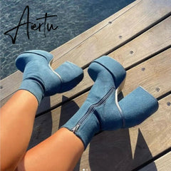 Ankle Boots Women Fashion High Platform Shaped High Heel Boots Chunky Heels Zipper Designer Shoes 45 Platform Shoes Women Shoes Aiertu