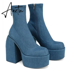 Ankle Boots Women Fashion High Platform Shaped High Heel Boots Chunky Heels Zipper Designer Shoes 45 Platform Shoes Women Shoes Aiertu
