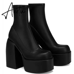 Ankle Boots Women Fashion High Platform Shaped High Heel Boots Chunky Heels Zipper Designer Shoes 45 Platform Shoes Women Shoes Aiertu