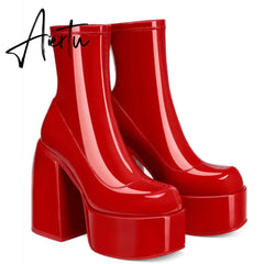 Ankle Boots Women Fashion High Platform Shaped High Heel Boots Chunky Heels Zipper Designer Shoes 45 Platform Shoes Women Shoes Aiertu