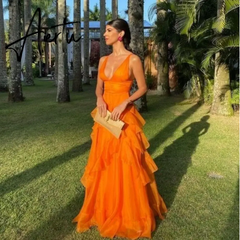 Annie Sexy V-neck Prom Dressess A-shaped Layered Cocktail Custom Evening Dress Orange Ladies Formal Gown Aiertu