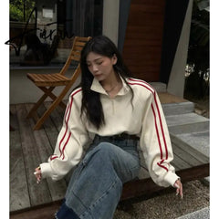 Apricot Women Sweatshirt Coat Solid Stripe Vintage Long Sleeve Short Korean Fashion Casual Y2K Style NEW Autumn Female Tops Aiertu