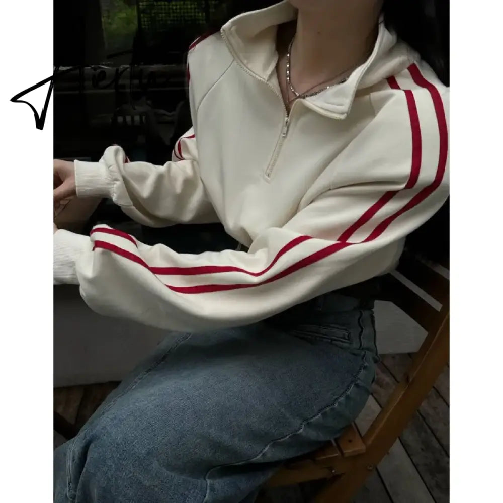 Apricot Women Sweatshirt Coat Solid Stripe Vintage Long Sleeve Short Korean Fashion Casual Y2K Style NEW Autumn Female Tops Aiertu