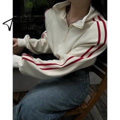 Apricot Women Sweatshirt Coat Solid Stripe Vintage Long Sleeve Short Korean Fashion Casual Y2K Style NEW Autumn Female Tops Aiertu
