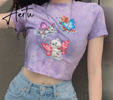 ArtSu Summer Casual Cat Print Cute Crop Top T Shirt Fashion Tie Dye Print Short Sleeve T-shirt Ladies Purple Streetwear TS52220 Aiertu