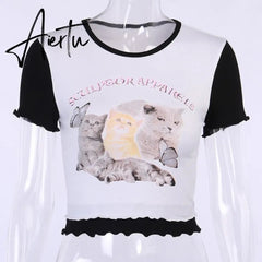 ArtSu Summer Casual Cat Print Cute Crop Top T Shirt Fashion Tie Dye Print Short Sleeve T-shirt Ladies Purple Streetwear TS52220 Aiertu