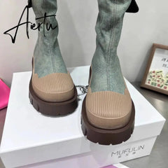 Autumn and Winter New Fashion Two Knee length Boots Women's Denim Washed Shell Head Thick bottomed Tooling Boots Aiertu