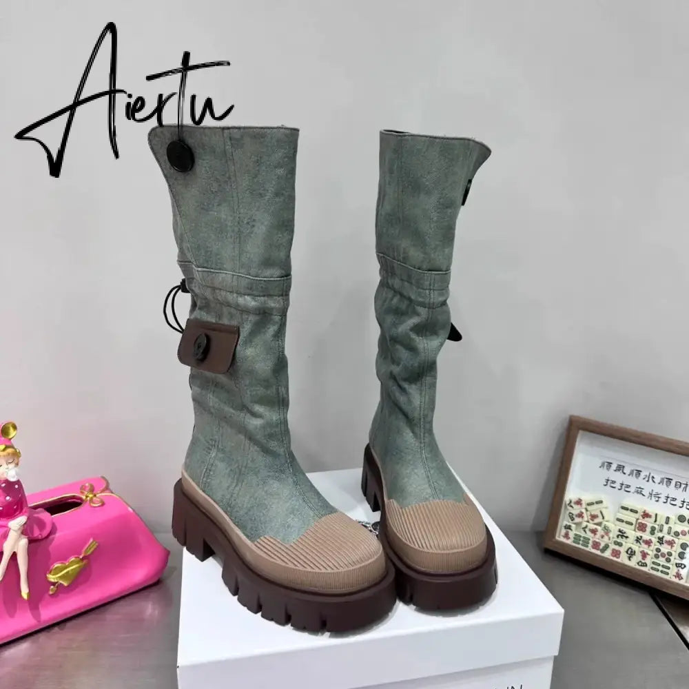Autumn and Winter New Fashion Two Knee length Boots Women's Denim Washed Shell Head Thick bottomed Tooling Boots Aiertu
