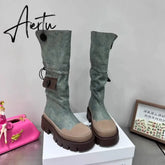 Autumn and Winter New Fashion Two Knee length Boots Women's Denim Washed Shell Head Thick bottomed Tooling Boots Aiertu