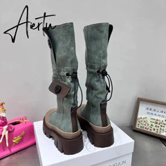 Autumn and Winter New Fashion Two Knee length Boots Women's Denim Washed Shell Head Thick bottomed Tooling Boots Aiertu