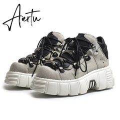 Autumn and winter new women's shoes fashion british Street style Lace up design knight Martin locomotive short boots 41-45 Aiertu