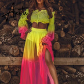 Autumn Chic Sexy Off Shoulder Ruffle Blouse&Slit Long Skirt Women Suit Vintage Colorful Print Two Piece Set Lady Elegant Outfiit Aiertu