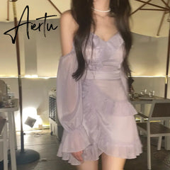 Autumn Clothes Korea Ladies French Elegant Strap Dress Women Casual Long Sleeve Vintage Mini Dress Female Evening Party Y2k Aiertu