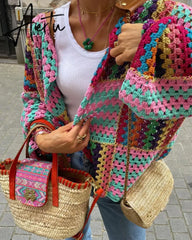 Autumn Colorful Knit Crochet Cardigan Women Casual Flare Long Sleeve Loose Sweater Female Y2K Chic Hollow Out Streetwear Aiertu