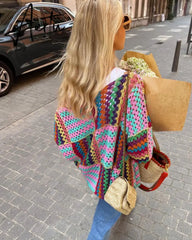Autumn Colorful Knit Crochet Cardigan Women Casual Flare Long Sleeve Loose Sweater Female Y2K Chic Hollow Out Streetwear Aiertu