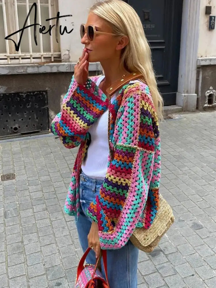 Autumn Colorful Knit Crochet Cardigan Women Casual Flare Long Sleeve Loose Sweater Female Y2K Chic Hollow Out Streetwear Aiertu