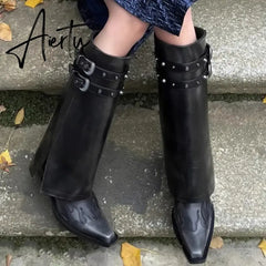 Autumn Cowboy Boots For Women Fashion Slip On Long Pipe Boots Female Square High Heel Trend Winter Footwear Aiertu