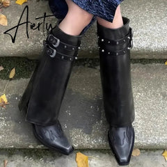 Autumn Cowboy Boots For Women Fashion Slip On Long Pipe Boots Female Square High Heel Trend Winter Footwear Aiertu