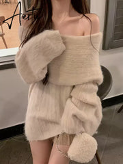Autumn Design Sexy White Knitted Sweater Women Long Sleeve Pure Color Korean Fashion Y2k Clothing Elegant Pullover Female Aiertu