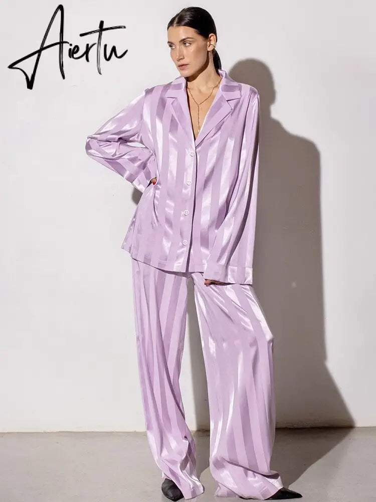 Autumn Elegant High-end Casual Office Lady Shirt Set Nature Loose Full Sleeve + Long Wide Leg Pants Women 2 Piece Set Aiertu