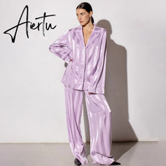 Autumn Elegant High-end Casual Office Lady Shirt Set Nature Loose Full Sleeve + Long Wide Leg Pants Women 2 Piece Set Aiertu