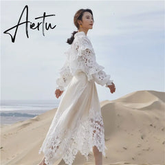 Autumn Elegant Lace Women's Two Piece Sets Embroidery Hollow Out Petal Sleeve Loose Blouse + Asymmetric Skirt Outfits Aiertu