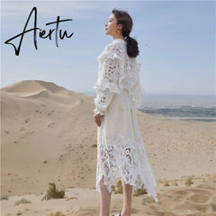 Autumn Elegant Lace Women's Two Piece Sets Embroidery Hollow Out Petal Sleeve Loose Blouse + Asymmetric Skirt Outfits Aiertu