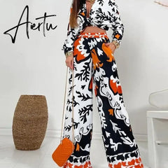 Autumn Elegant Lady Print Outfits Fashion Long Sleeve Lapel Shirt Tops And Long Pants Suit Casual Loose Women Two Piece Set Aiertu