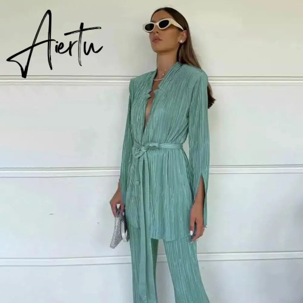 Autumn High-end Casual Office Lady Elegant Shirt Set Open Stitch Full Sleeve + Long Wide Leg Pants Women 2 Piece Set Aiertu