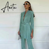 Autumn High-end Casual Office Lady Elegant Shirt Set Open Stitch Full Sleeve + Long Wide Leg Pants Women 2 Piece Set Aiertu