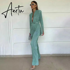 Autumn High-end Casual Office Lady Elegant Shirt Set Open Stitch Full Sleeve + Long Wide Leg Pants Women 2 Piece Set Aiertu