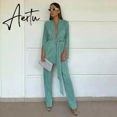 Autumn High-end Casual Office Lady Elegant Shirt Set Open Stitch Full Sleeve + Long Wide Leg Pants Women 2 Piece Set Aiertu