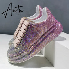 Autumn Leather Women Shoes New Style Fashion Pink Platform Shoes Ins Platforms Sneakers Tide Shine Bling Rhinestone Shoes Aiertu
