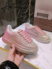 Autumn Leather Women Shoes New Style Fashion Pink Platform Shoes Ins Platforms Sneakers Tide Shine Bling Rhinestone Shoes Aiertu