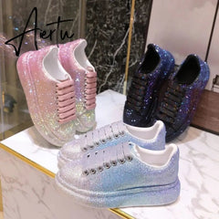 Autumn Leather Women Shoes New Style Fashion Pink Platform Shoes Ins Platforms Sneakers Tide Shine Bling Rhinestone Shoes Aiertu
