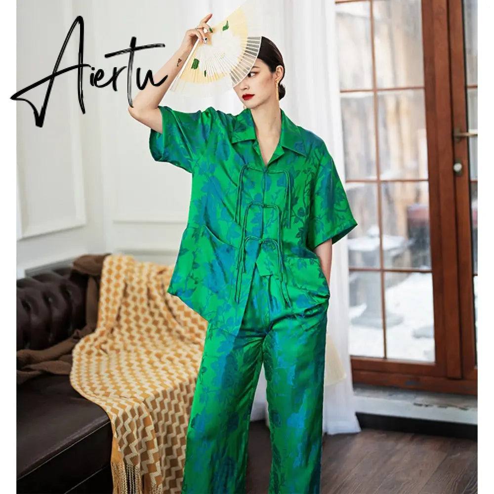 Autumn Luxury Satin Women Green Print Pajamas Set Half Sleeve Shirt Loose Pants Sleepwear Suit Ladies Office 2 Piece Sets Outfit Aiertu