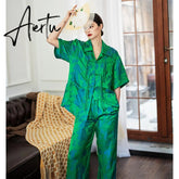 Autumn Luxury Satin Women Green Print Pajamas Set Half Sleeve Shirt Loose Pants Sleepwear Suit Ladies Office 2 Piece Sets Outfit Aiertu