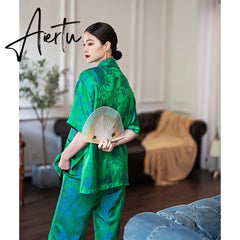 Autumn Luxury Satin Women Green Print Pajamas Set Half Sleeve Shirt Loose Pants Sleepwear Suit Ladies Office 2 Piece Sets Outfit Aiertu