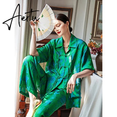 Autumn Luxury Satin Women Green Print Pajamas Set Half Sleeve Shirt Loose Pants Sleepwear Suit Ladies Office 2 Piece Sets Outfit Aiertu