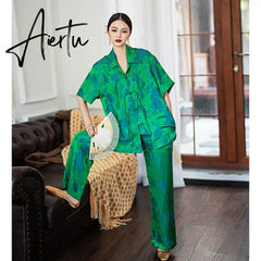 Autumn Luxury Satin Women Green Print Pajamas Set Half Sleeve Shirt Loose Pants Sleepwear Suit Ladies Office 2 Piece Sets Outfit Aiertu