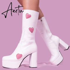 Autumn New Luxury Mature Boots Women Platform Square Toe Thick High Heels Mid Calf Boots Sweet Cool Shoes Woman Aiertu