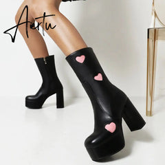 Autumn New Luxury Mature Boots Women Platform Square Toe Thick High Heels Mid Calf Boots Sweet Cool Shoes Woman Aiertu