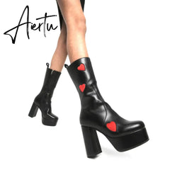 Autumn New Luxury Mature Boots Women Platform Square Toe Thick High Heels Mid Calf Boots Sweet Cool Shoes Woman Aiertu
