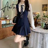 Autumn Pleated Dress High Waist Vest Preppy Style Suit Women's Puff Sleeve Top Mini Dress Two Piece Sets Womens Outifits Aiertu
