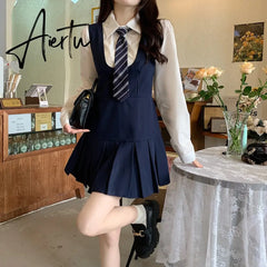 Autumn Pleated Dress High Waist Vest Preppy Style Suit Women's Puff Sleeve Top Mini Dress Two Piece Sets Womens Outifits Aiertu