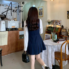 Autumn Pleated Dress High Waist Vest Preppy Style Suit Women's Puff Sleeve Top Mini Dress Two Piece Sets Womens Outifits Aiertu