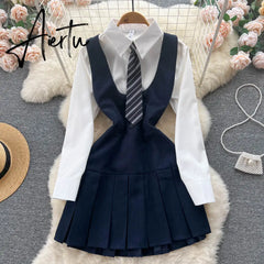 Autumn Pleated Dress High Waist Vest Preppy Style Suit Women's Puff Sleeve Top Mini Dress Two Piece Sets Womens Outifits Aiertu