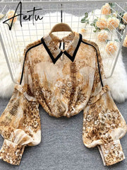 Autumn Puff Sleeve Shirts Blouse Women Floral Long Sleeve Lapel Buttons Vintage Shirts Elegant Blouses Tops Female GD631 Aiertu